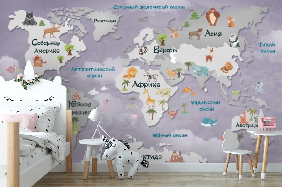 картинка Фотообои «Карта мира для малышей в лиловых тонах» | интернет-магазин фотообоев ARTDECO