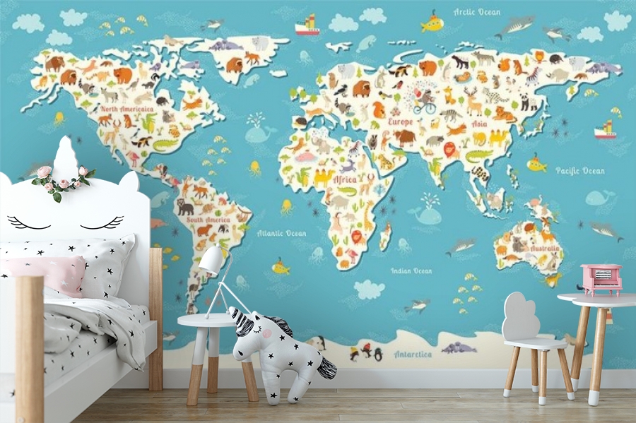 картинка 3D Фотообои «Карта мира с животными на английском языке» | интернет-магазин фотообоев ARTDECO