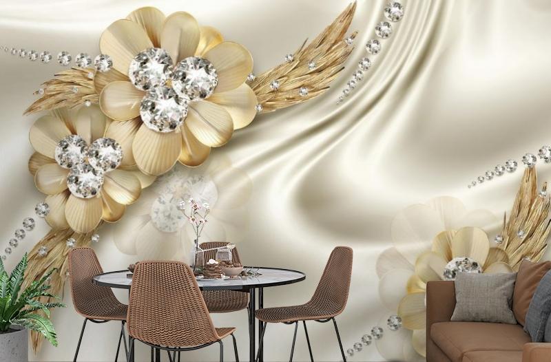 3D Фотообои «Золотые цветы с алмазными серединками»