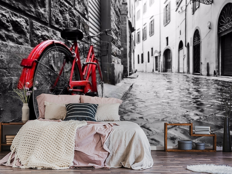 картинка 3D Фотообои «Красный велосипед на черно белой улочке» | интернет-магазин фотообоев ARTDECO