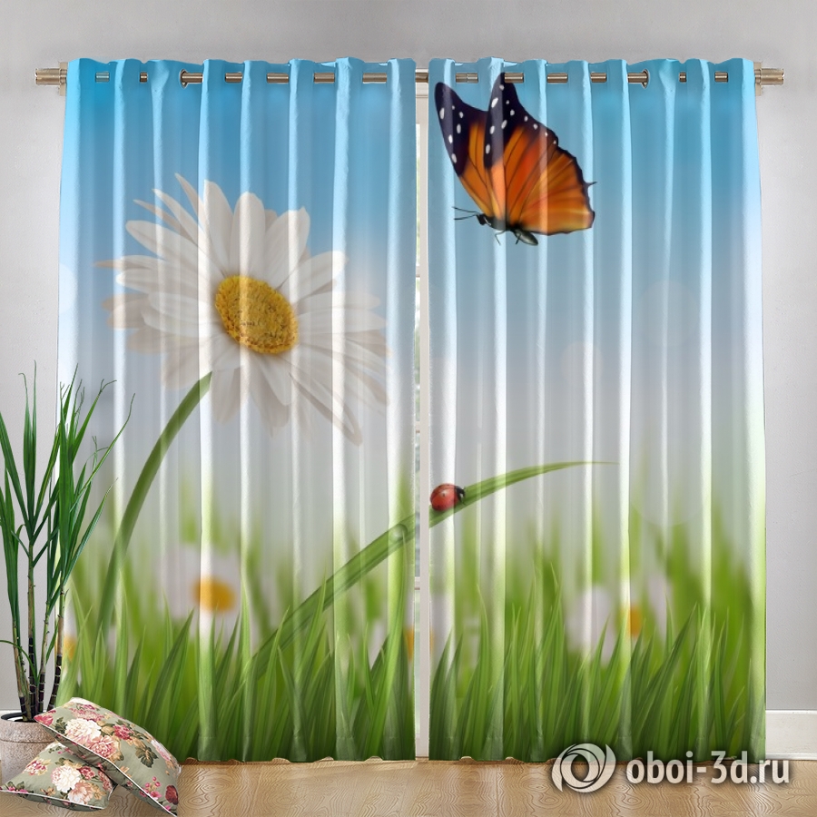 картинка Фотошторы «Ромашка и бабочка» | интернет-магазин фотообоев ARTDECO