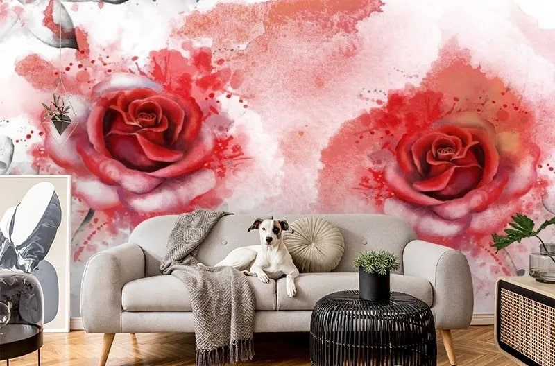 картинка 3D Фотообои «Алые розы в акварельной дымке» | интернет-магазин фотообоев ARTDECO