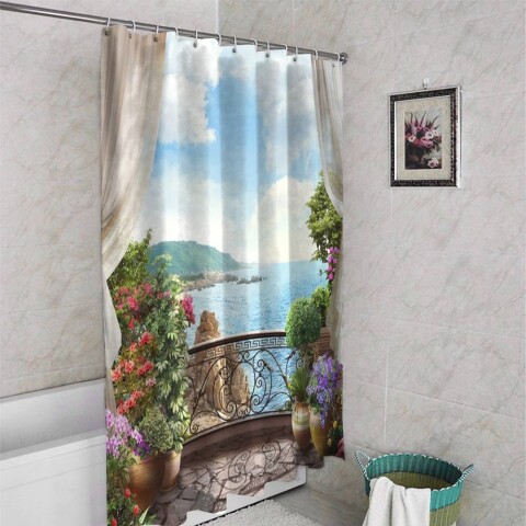 картинка Штора для ванной «Балкон на скалистом берегу океана» | интернет-магазин фотообоев ARTDECO