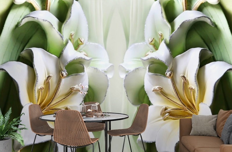 картинка 3D Фотообои  «Зеленые лилии из керамики» | интернет-магазин фотообоев ARTDECO