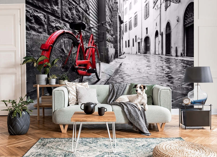 картинка 3D Фотообои «Красный велосипед на черно белой улочке» | интернет-магазин фотообоев ARTDECO