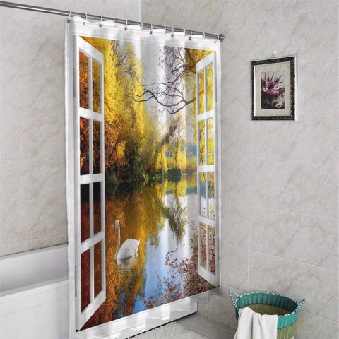 картинка 3D занавеска в ванную комнату «Окно с видом на озеро с лебедями» | интернет-магазин фотообоев ARTDECO