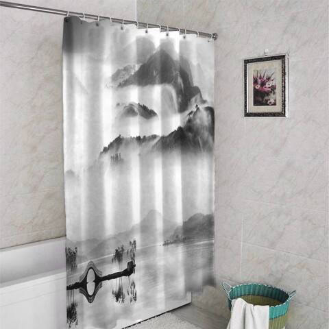картинка 3D штора в ванную комнату «Туманный пейзаж» | интернет-магазин фотообоев ARTDECO