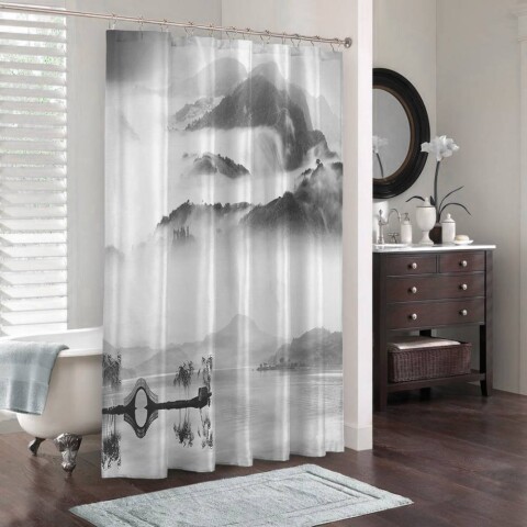 3D штора в ванную комнату «Туманный пейзаж»