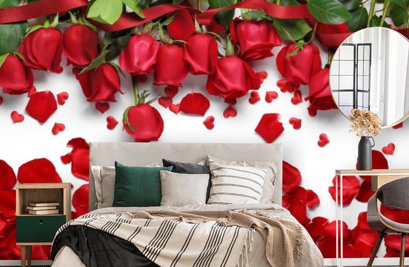 картинка 3D Фотообои «Алые розы с лепестками» | интернет-магазин фотообоев ARTDECO