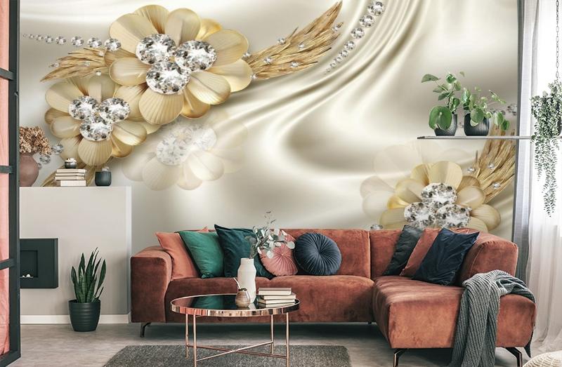 картинка 3D Фотообои «Золотые цветы с алмазными серединками» | интернет-магазин фотообоев ARTDECO