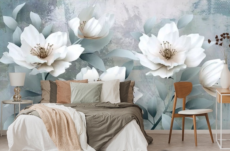 картинка 3D Фотообои "Благородные белые цветы" | интернет-магазин фотообоев ARTDECO
