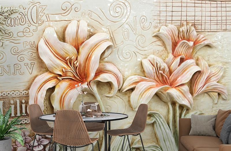 картинка 3D Фотообои «Лилии под каменную фреску» | интернет-магазин фотообоев ARTDECO