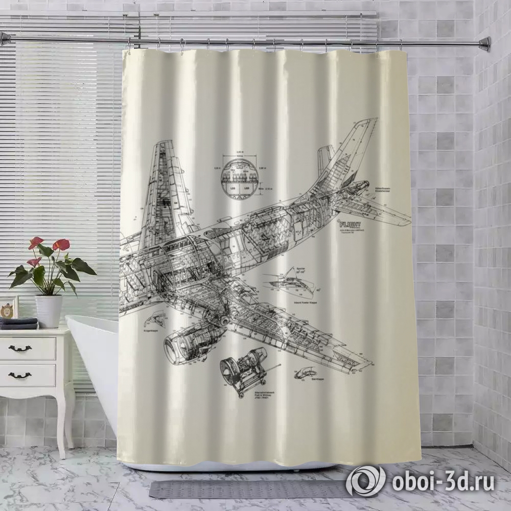 картинка Шторы для ванной «Самолет чертеж» | интернет-магазин фотообоев ARTDECO