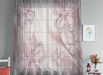 Фототюль Драгоценный шелк "Клевер с бриллиантами в нежно-розовых тонах"
