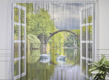 3D фототюль "Вид на озеро с лебедями"