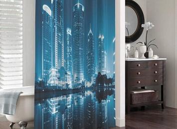 3D штора в ванную комнату «Неоновые огни ночного города»