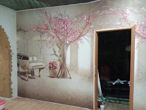 Готовые фотообои в гостиную с цветущем деревом
