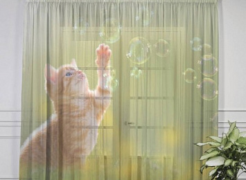 Фототюль с печатью изображения "Рыжий кот с мыльными пузырями"