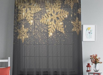 3D Тюль на окна "Композиция с золотыми снежинками"