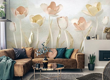 3D Фотообои "Персиковые тюльпаны с позолотой"