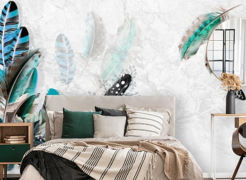 3D Фотообои «Мраморная фантазия с перьями и бабочками»