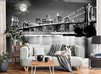 3D Фотообои «Черно-белая инсталляция с полной луной над Бруклинским мостом»