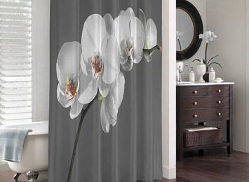 3D штора в ванную «Белая орхидея на сером фоне»