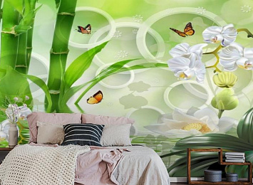 3D Фотообои «Орхидеи на салатовом фоне в стиле спа»