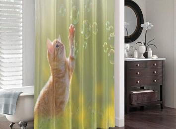 3D штора в ванную «Рыжий кот с мыльными пузырями»