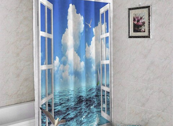 3D штора в ванную комнату «Распахнутое в море окно»