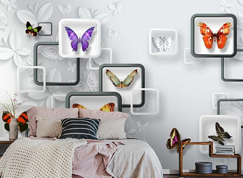 3D Фотообои «Яркие бабочки на объемном фоне»