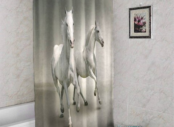 3D занавеска в ванную комнату «Белые лошади на сером фоне»