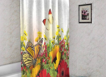 3D штора для ванны «Бабочки над яркими цветами»