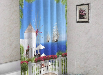 3D штора в ванную «Балкон с видом на корабли»
