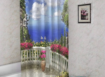 3D шторка для ванной «Античный балкон с видом на синий океан»