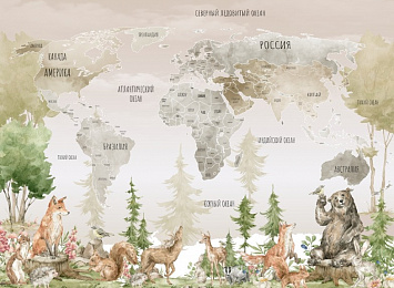 Фотообои «Карта с лесными животными в жёлтых тонах»