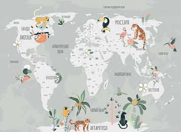 Фотообои «Карта с животными на зелёном»