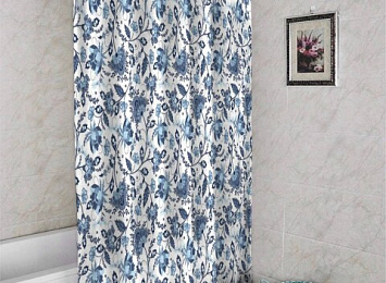 3D штора в ванную «Цветочный узор с голубым оттенком»