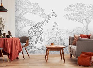 3D Фотообои «Чёрно-белые жирафы в листве»