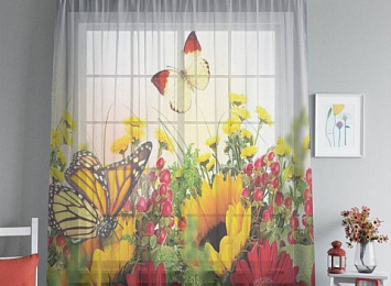 Оконный 3D тюль "Бабочки над яркими цветами"