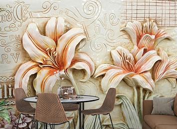 3D Фотообои «Лилии под каменную фреску»