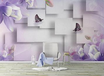 3D Фотообои «Сиреневые цветы с бабочками»
