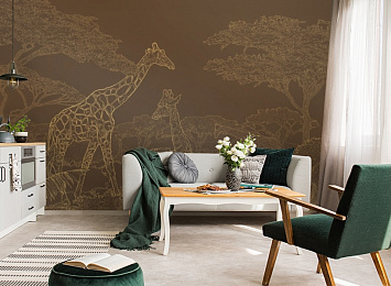 3D Фотообои «Золотые жирафы в листве на коричневом»