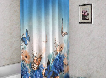 3D штора в ванную комнату «Синие бабочки»
