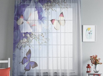 3D фототюль "Бабочки под нежными цветами"