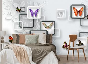 3D Фотообои «Яркие бабочки на объемном фоне»