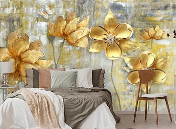 3D Фотообои «Золотые цветы на художественном холсте»