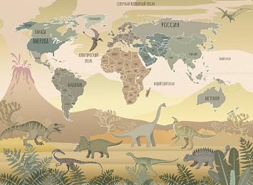Фотообои «Карта с динозаврами в тёплых тонах»