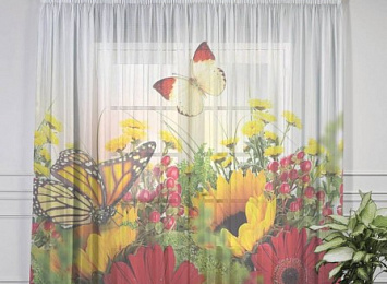 Оконный 3D тюль "Бабочки над яркими цветами"