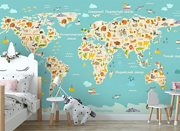 3D Фотообои «Карта мира с животными»